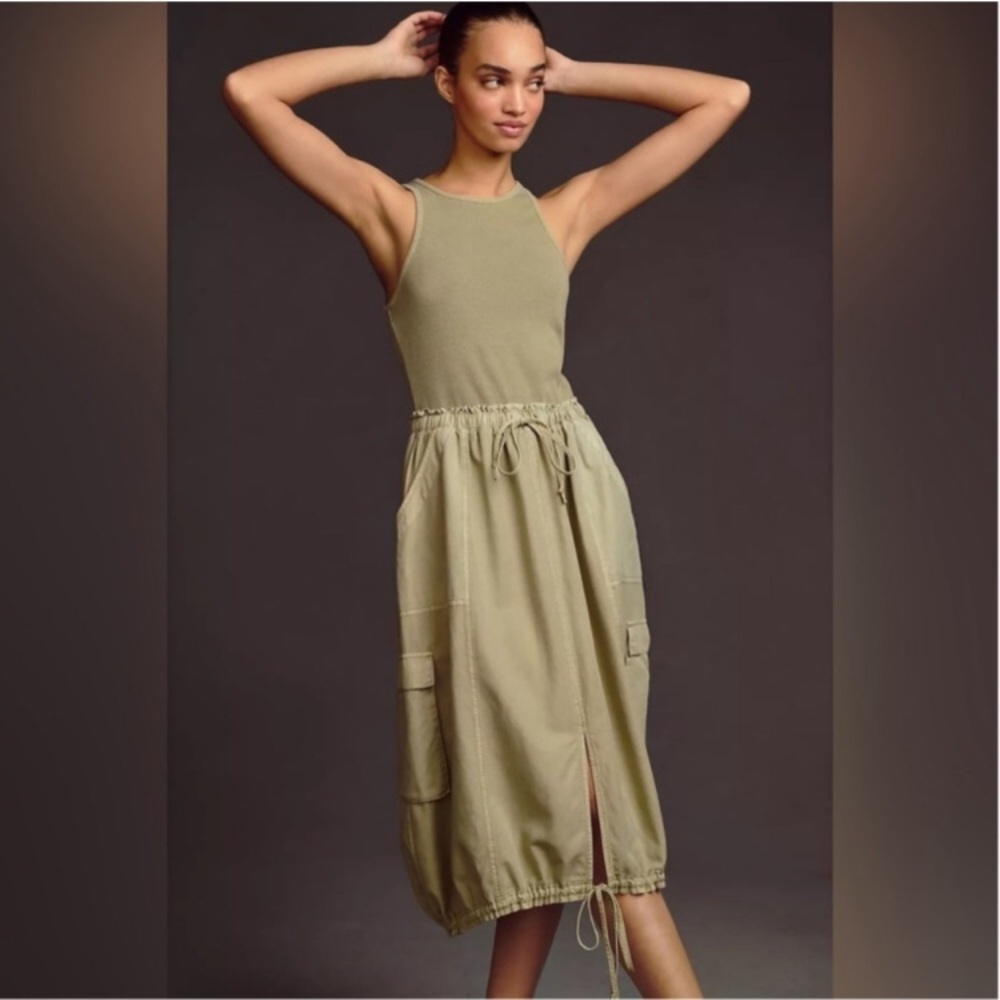 Daily Practice by Anthropologie High-Neck Tank Twofer Midi Dress // Moss